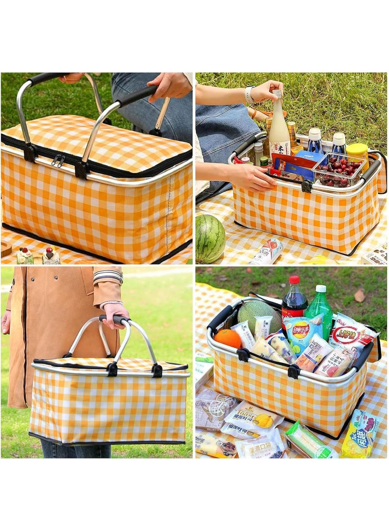 Insulated Picnic Basket 30L Large Capacity Collapsible Thermal Food Basket with Lid – Waterproof Aluminum Foil Lining Oxford Fabric Market Basket with Dual Sturdy Handles – Foldable Picnic Tote for Camping Beach BBQ Grocery Shopping Food Delivery Travel – Yellow Grid Design - Image 2